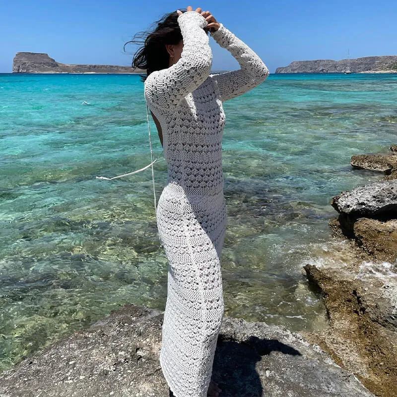 Backless Long Sleeve Crochet Knit Dress