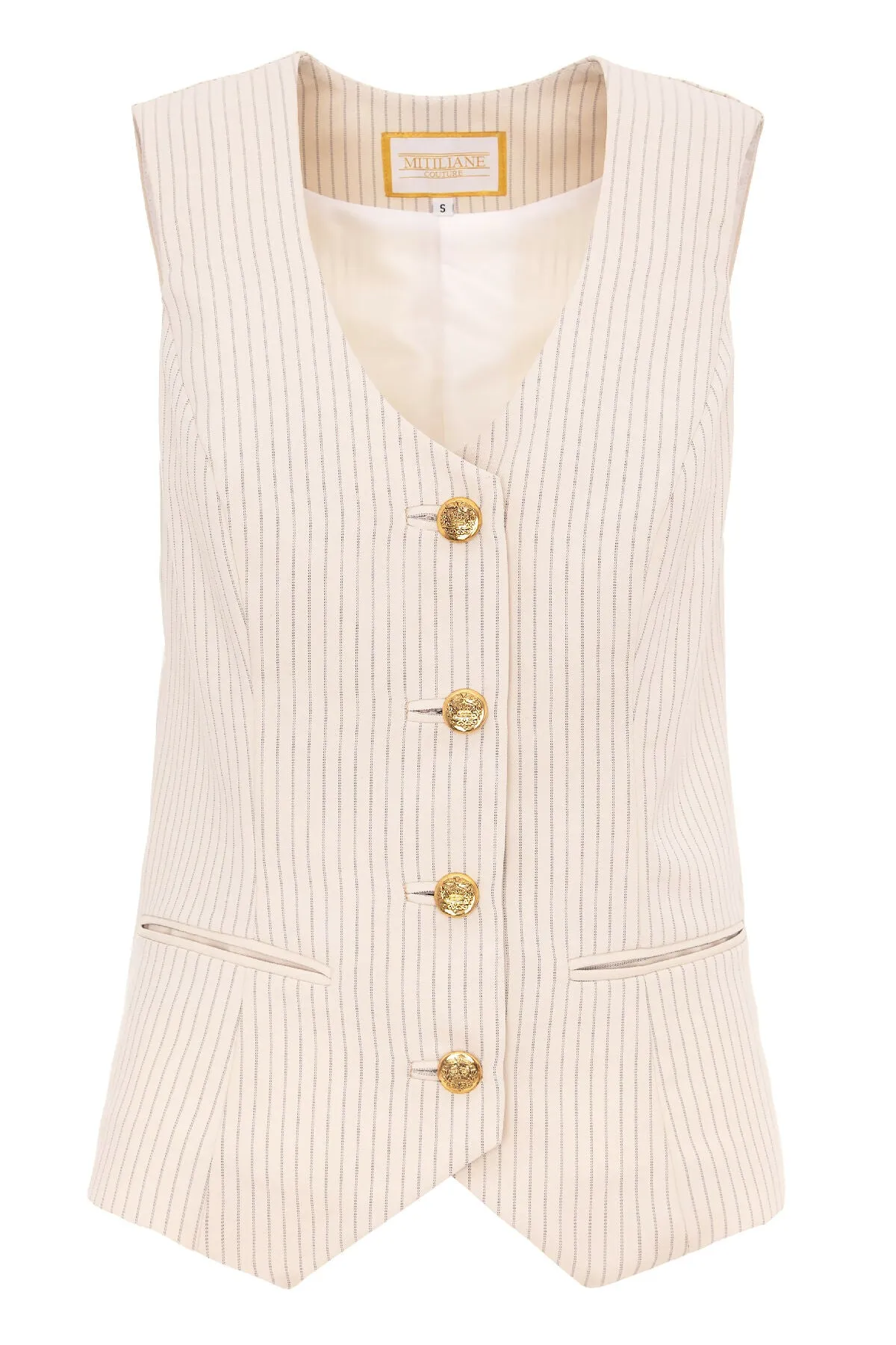 BEIGE VEST WITH STRIPES AND GOLD BUTTONS