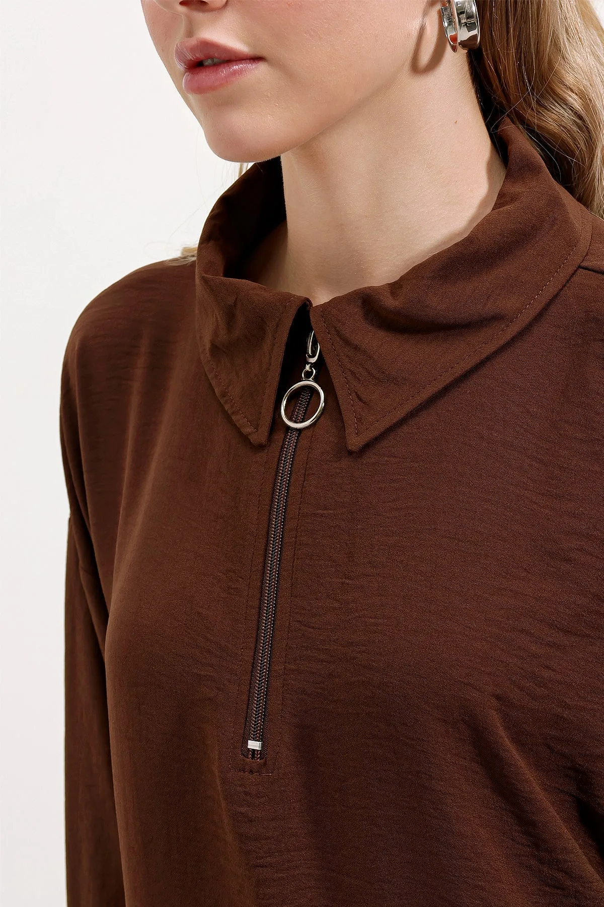 BGD Women Zippered Oversized Tunic - Brown - Avondale