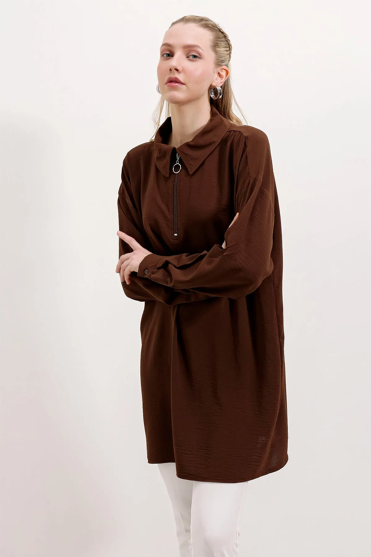 BGD Women Zippered Oversized Tunic - Brown - Avondale