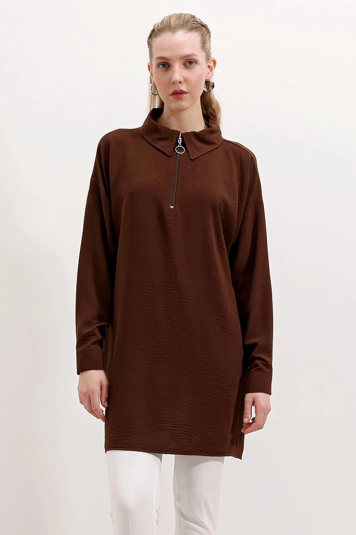 BGD Women Zippered Oversized Tunic - Brown - Avondale