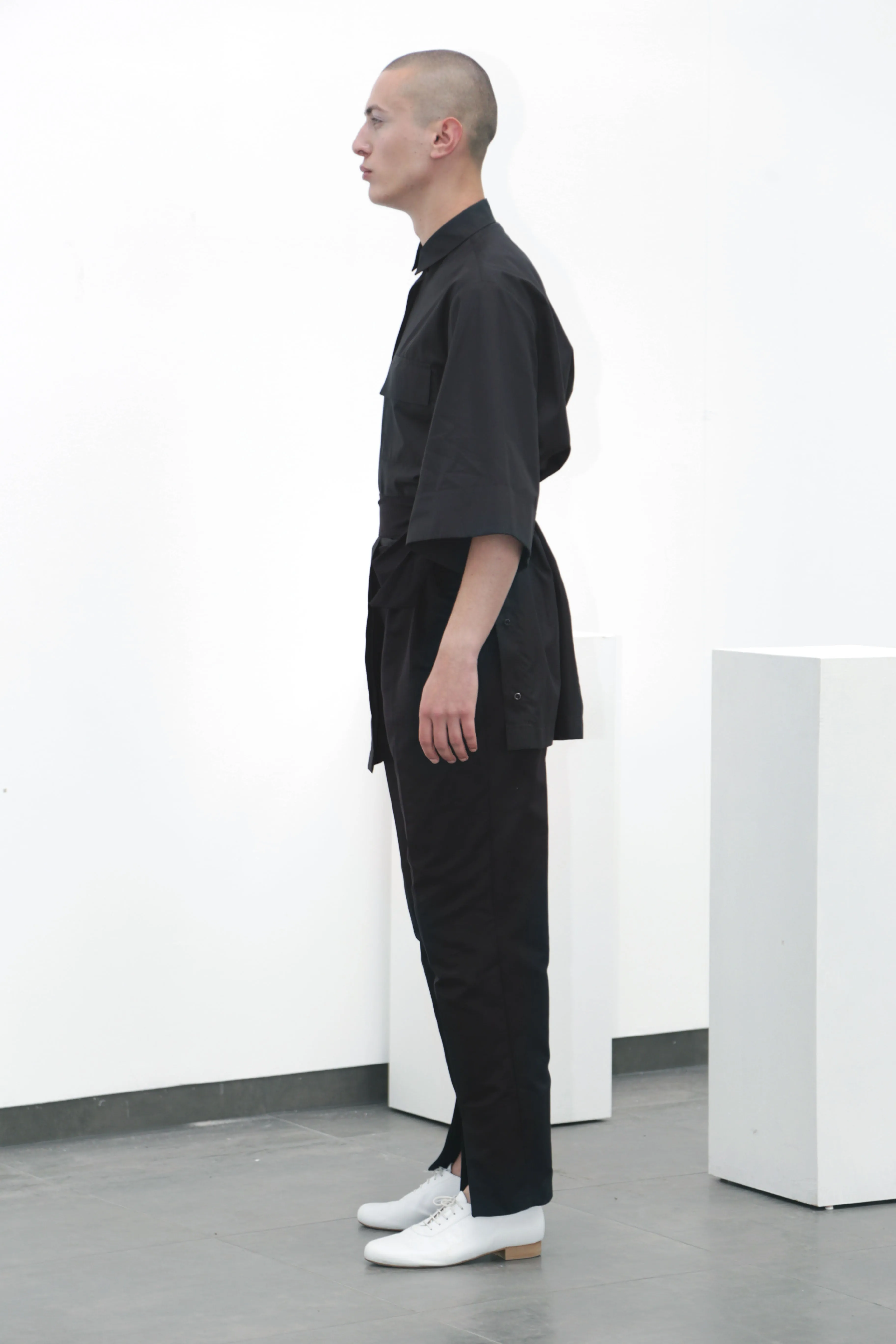 Black cotton belted trousers