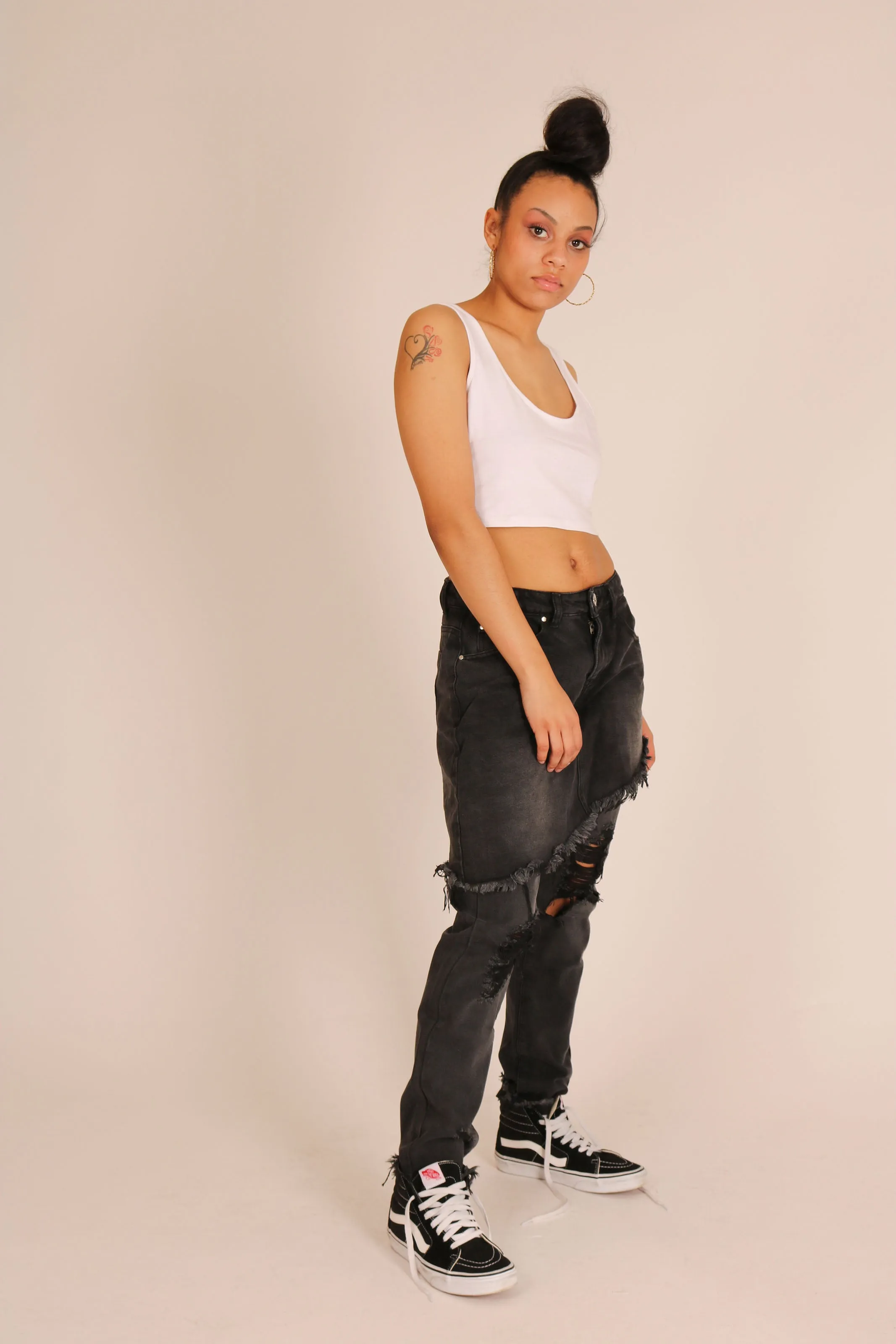 Black Distressed Jeans With Over Skirt Layer