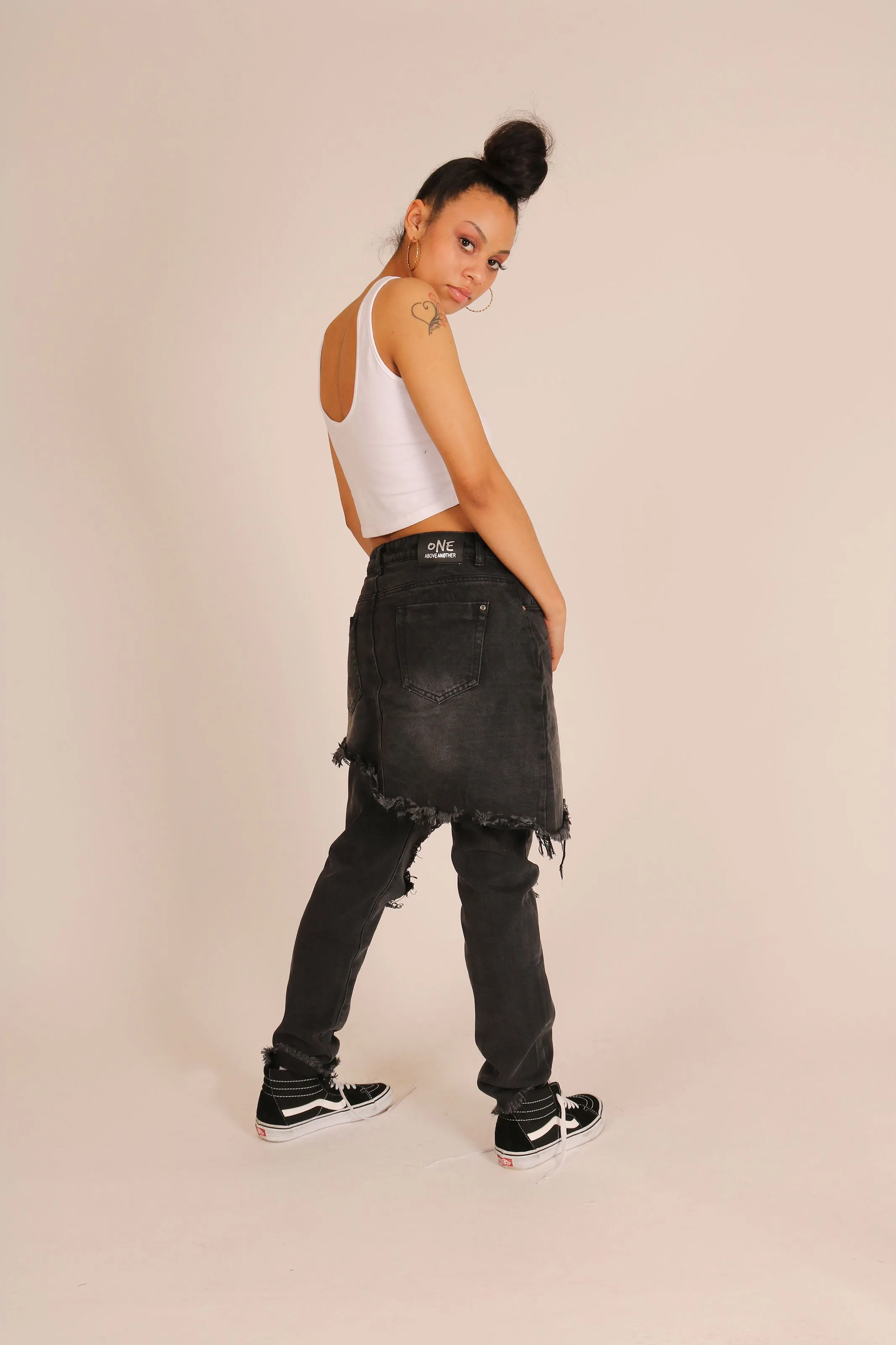 Black Distressed Jeans With Over Skirt Layer