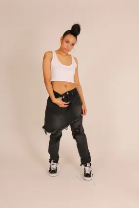 Black Distressed Jeans With Over Skirt Layer