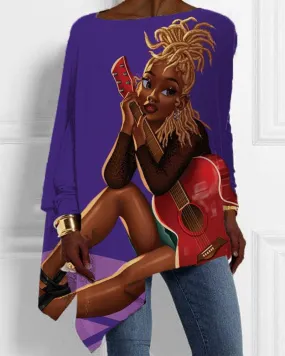 Black Girl Guitar Print with Irregular Hem Ladies Top