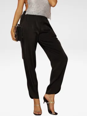 Black Satin Scalloped Hem Pants