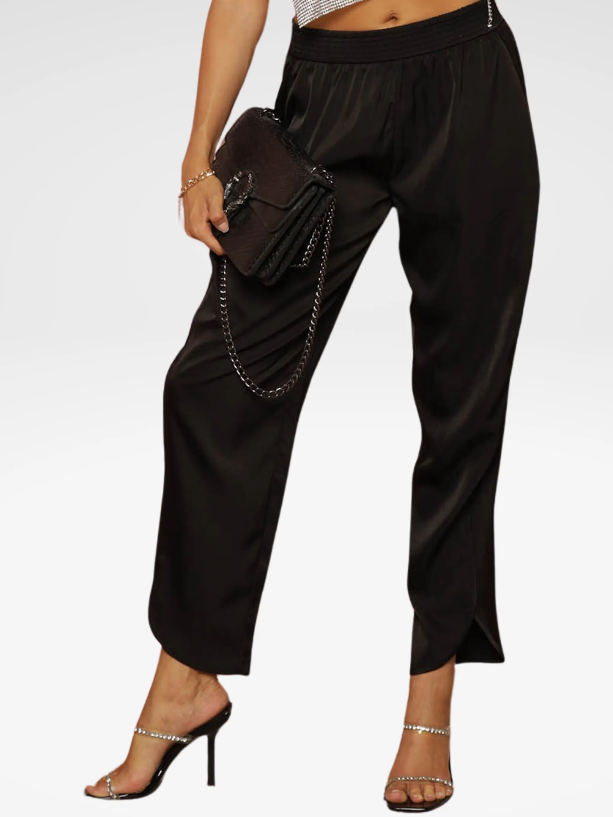 Black Satin Scalloped Hem Pants