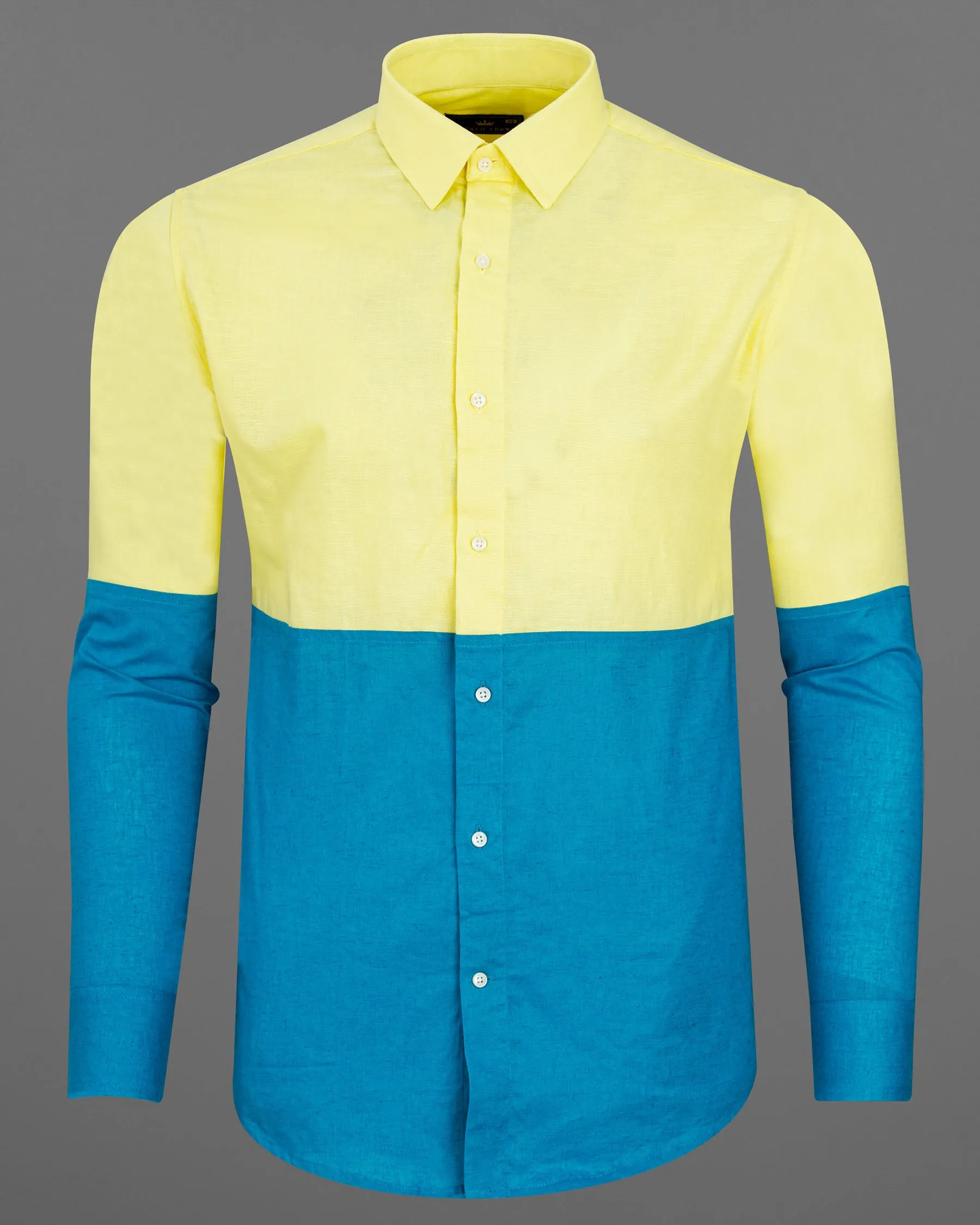 Blond Yellow with Bondi Blue Luxurious Linen Designer Shirt