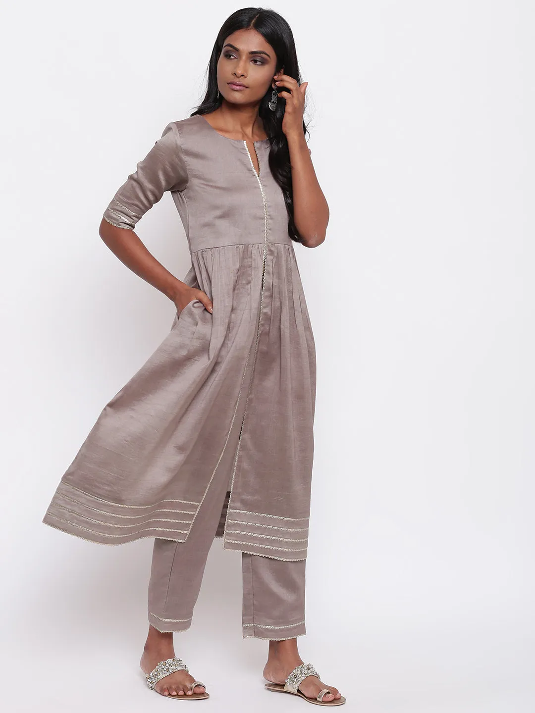 Brown Gota Slit Kurta Set