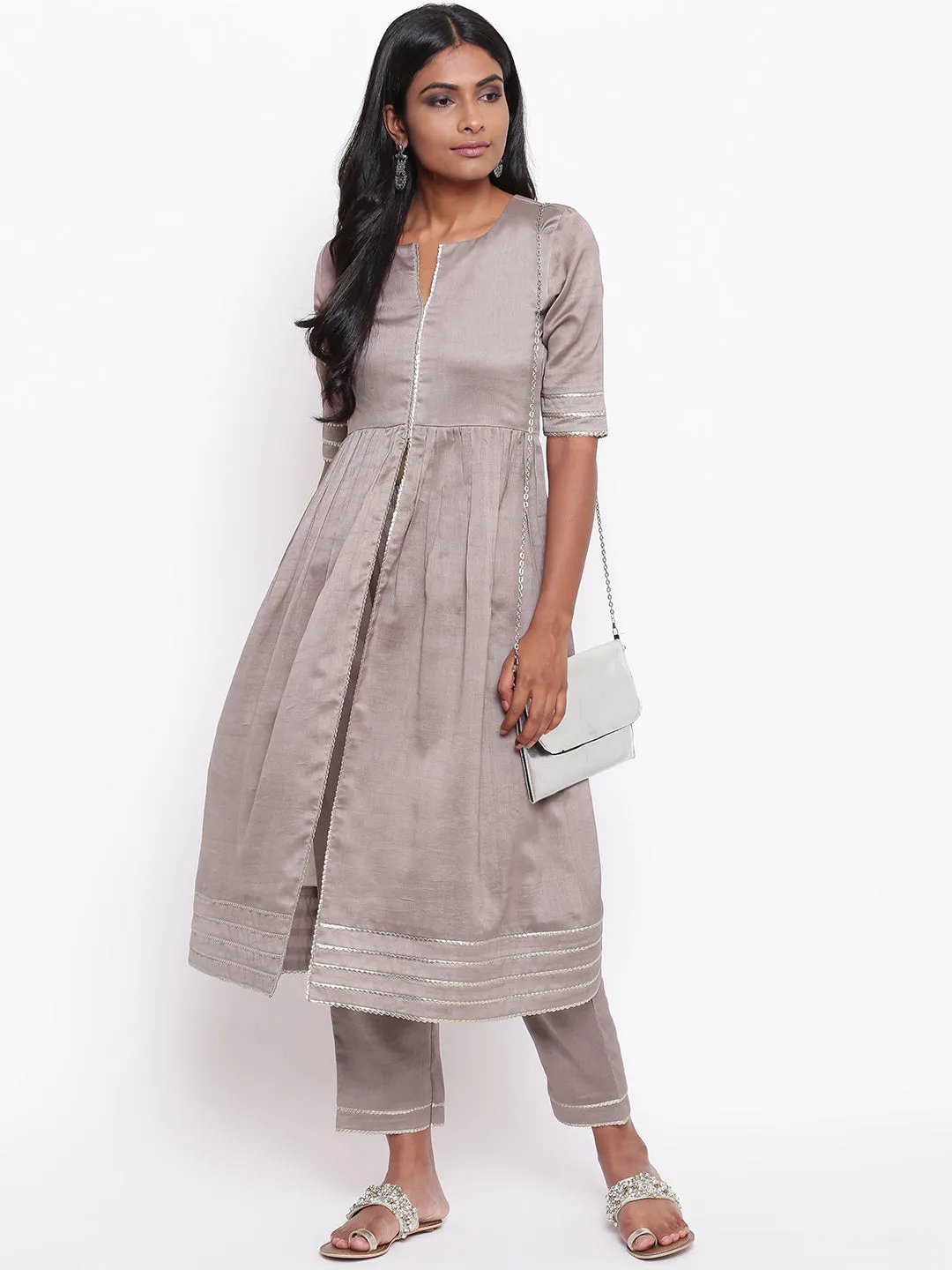 Brown Gota Slit Kurta Set