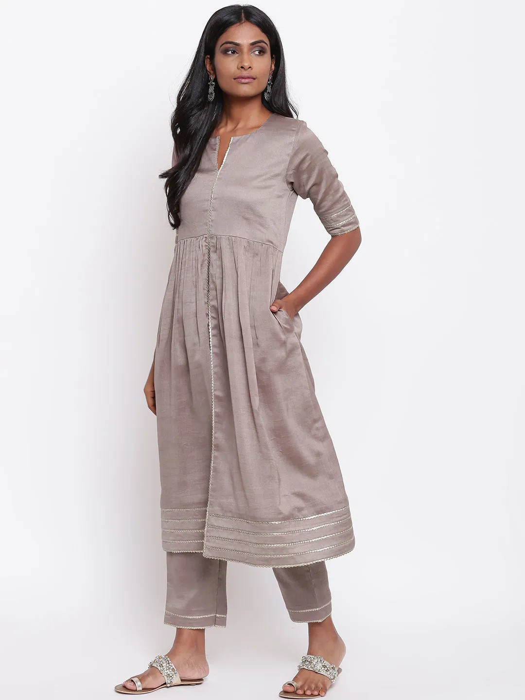 Brown Gota Slit Kurta Set
