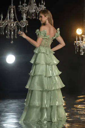 Elegant Green Pretty Sequin Dress and Tiered Evening Gown with Off-Shoulder Ruffled Bodice - Layered Tulle Ruffle Dress Plus Size