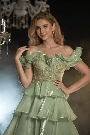 Elegant Green Pretty Sequin Dress and Tiered Evening Gown with Off-Shoulder Ruffled Bodice - Layered Tulle Ruffle Dress Plus Size