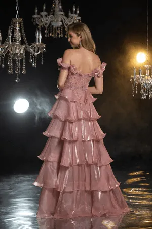Elegant Green Pretty Sequin Dress and Tiered Evening Gown with Off-Shoulder Ruffled Bodice - Layered Tulle Ruffle Dress Plus Size
