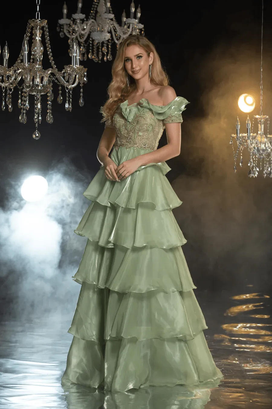 Elegant Green Pretty Sequin Dress and Tiered Evening Gown with Off-Shoulder Ruffled Bodice - Layered Tulle Ruffle Dress Plus Size