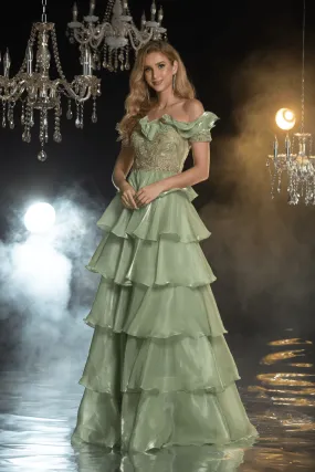 Elegant Green Pretty Sequin Dress and Tiered Evening Gown with Off-Shoulder Ruffled Bodice - Layered Tulle Ruffle Dress Plus Size