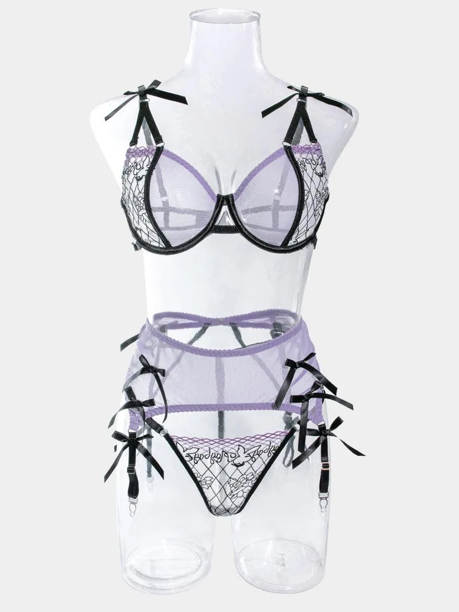 Embroidered Bow Lingerie Three-piece Set MSL043