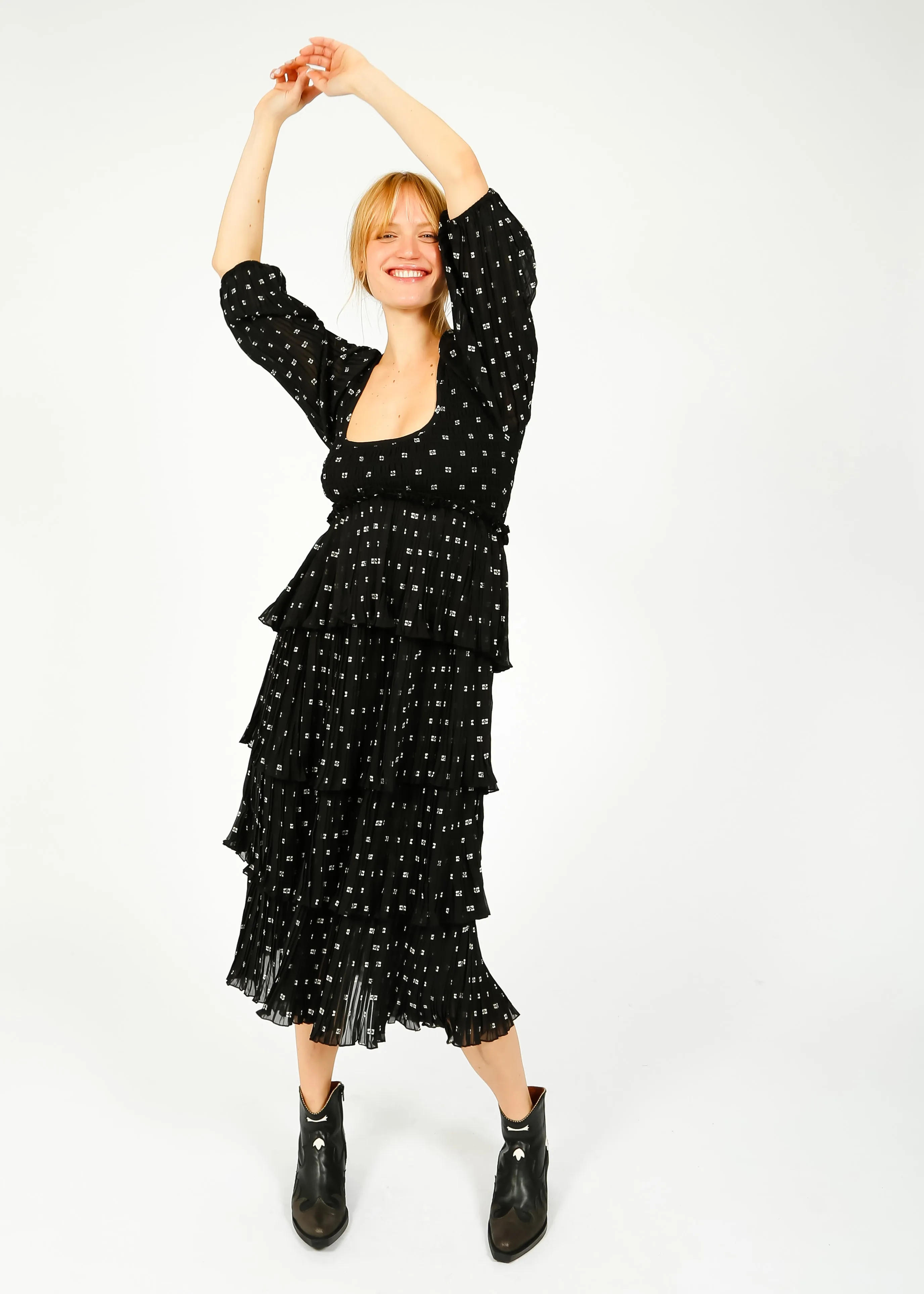 GANNI F8831 Flounce Smock Midi Dress in Black