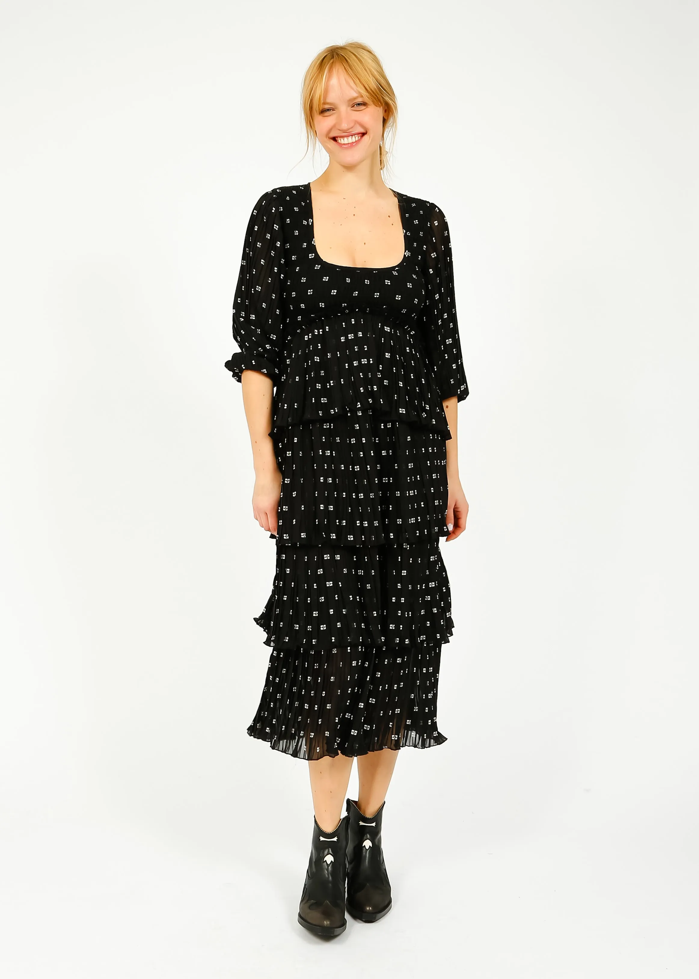 GANNI F8831 Flounce Smock Midi Dress in Black
