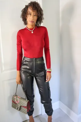 Glow Up Mock Neck Silky Bodysuit - Red