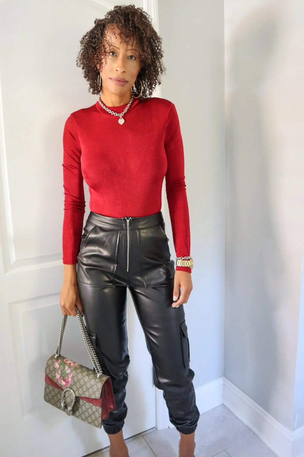 Glow Up Mock Neck Silky Bodysuit - Red