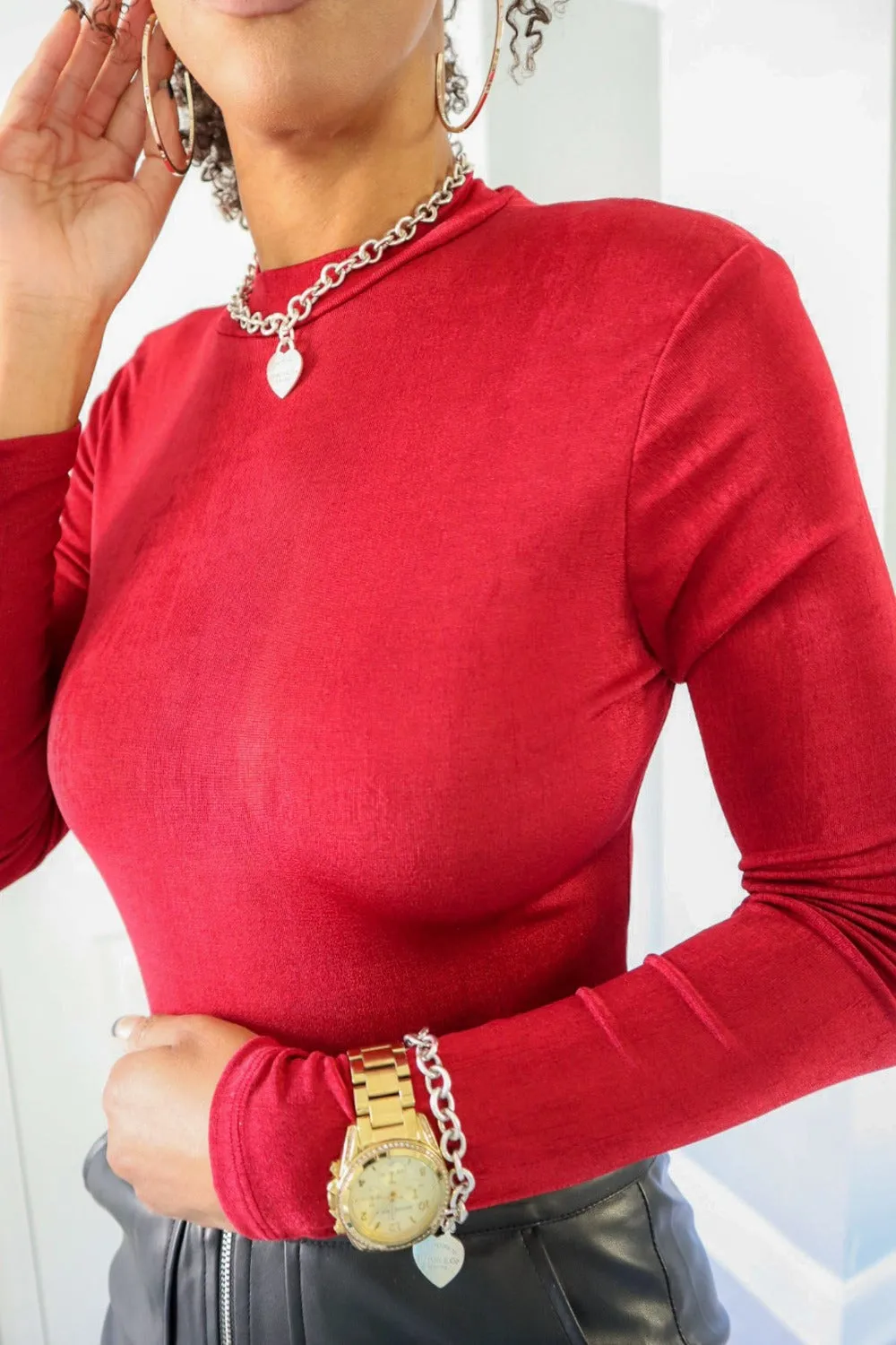 Glow Up Mock Neck Silky Bodysuit - Red