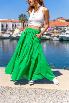 GNS Woman Green Pocketed Elastic Waist Layered Voile Skirt BST700-3574 - Plasencia