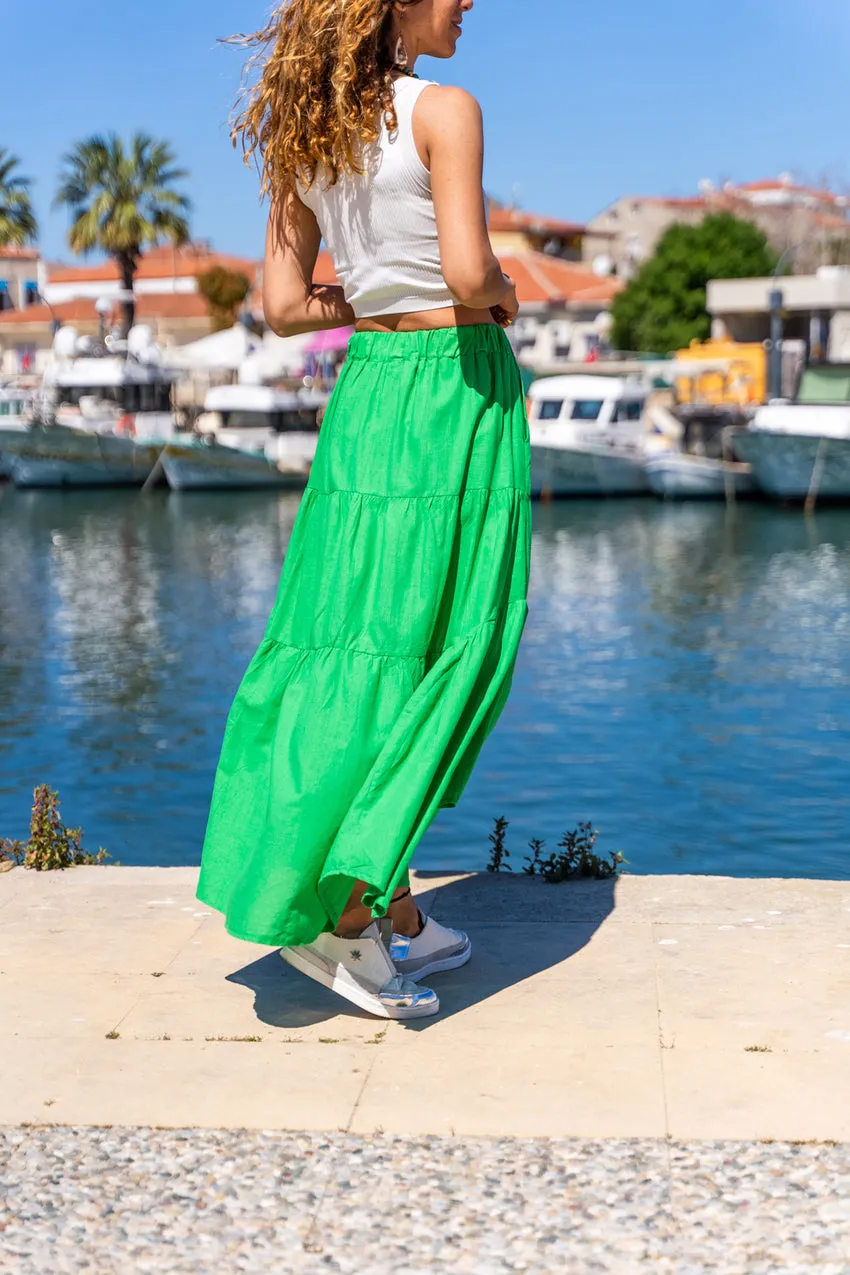 GNS Woman Green Pocketed Elastic Waist Layered Voile Skirt BST700-3574 - Plasencia