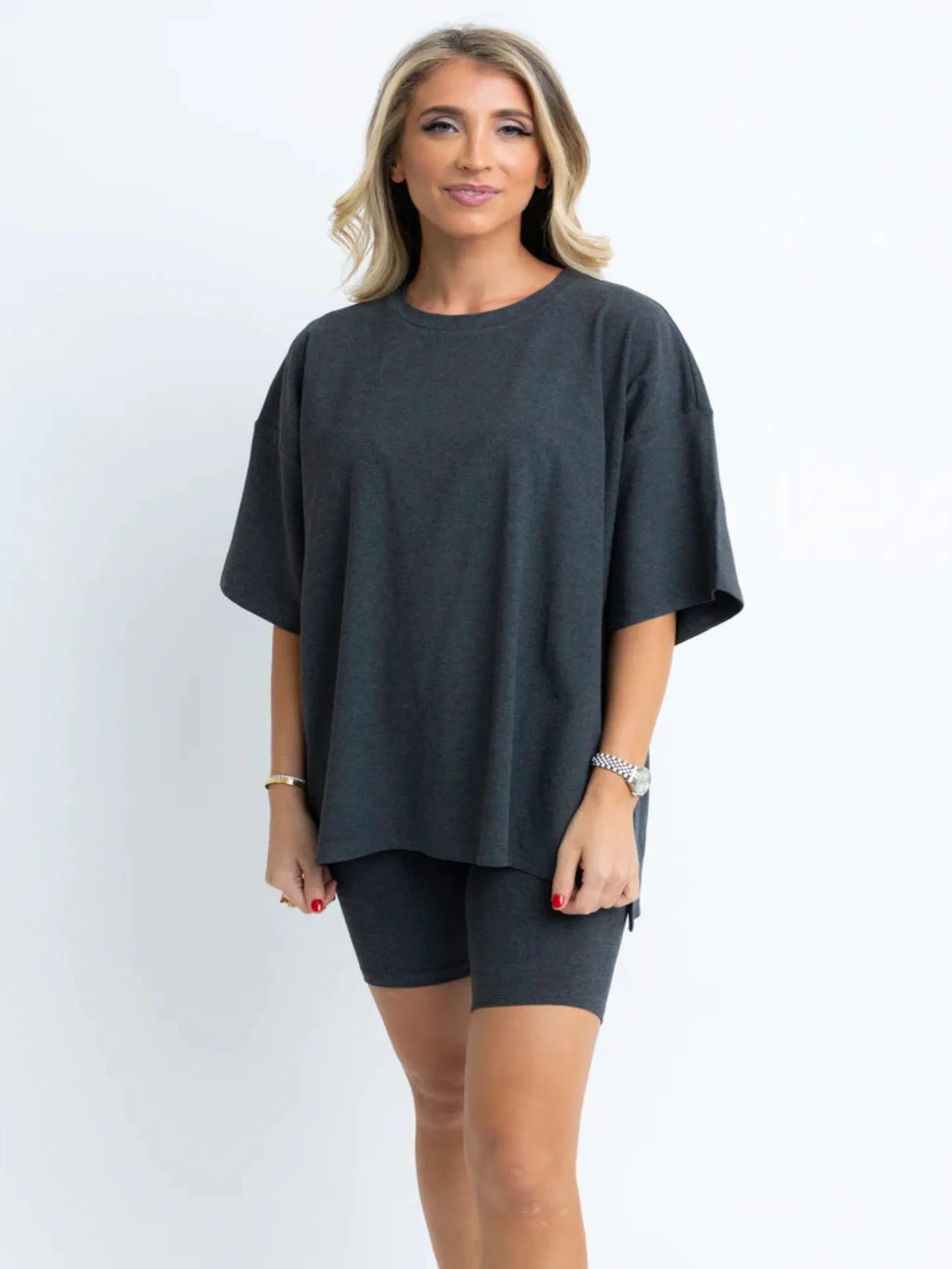 Karlie Solid Ribbed Crew Knit Tunic - Dark Grey