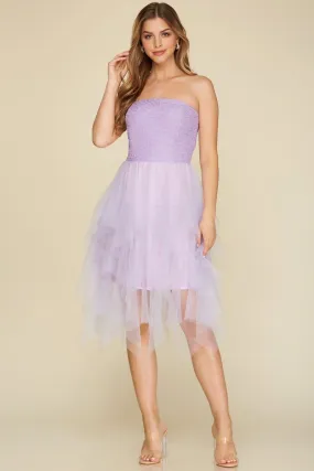 LILAC TEXTURED KNIT TUBE TULLE ASYMMETRICAL HEM MINI DRESS S12SY4706