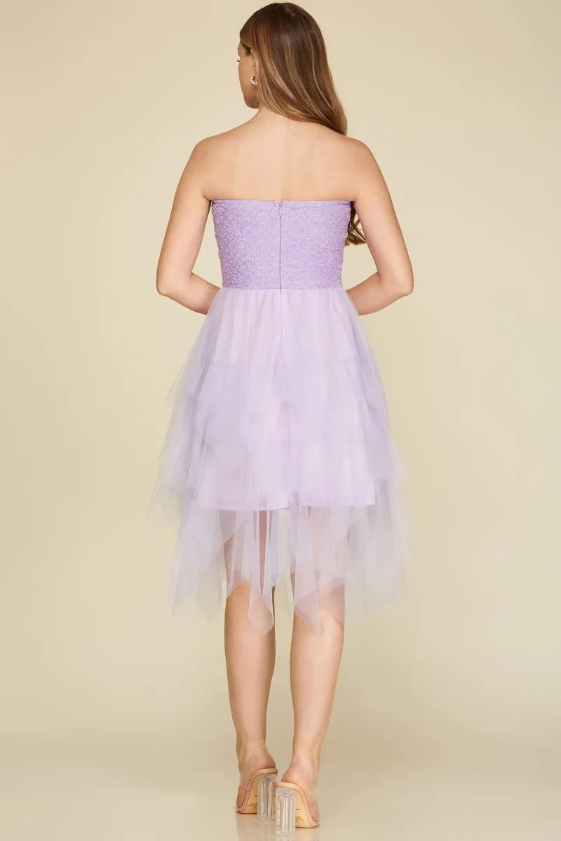 LILAC TEXTURED KNIT TUBE TULLE ASYMMETRICAL HEM MINI DRESS S12SY4706