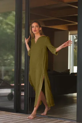 Long linen tunic dress green olive - Carol
