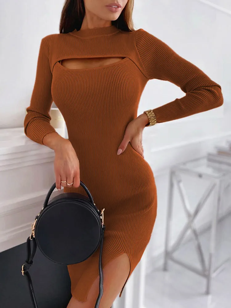 Long Sleeve Rib Knit Bodycon Dress Hollow out Front
