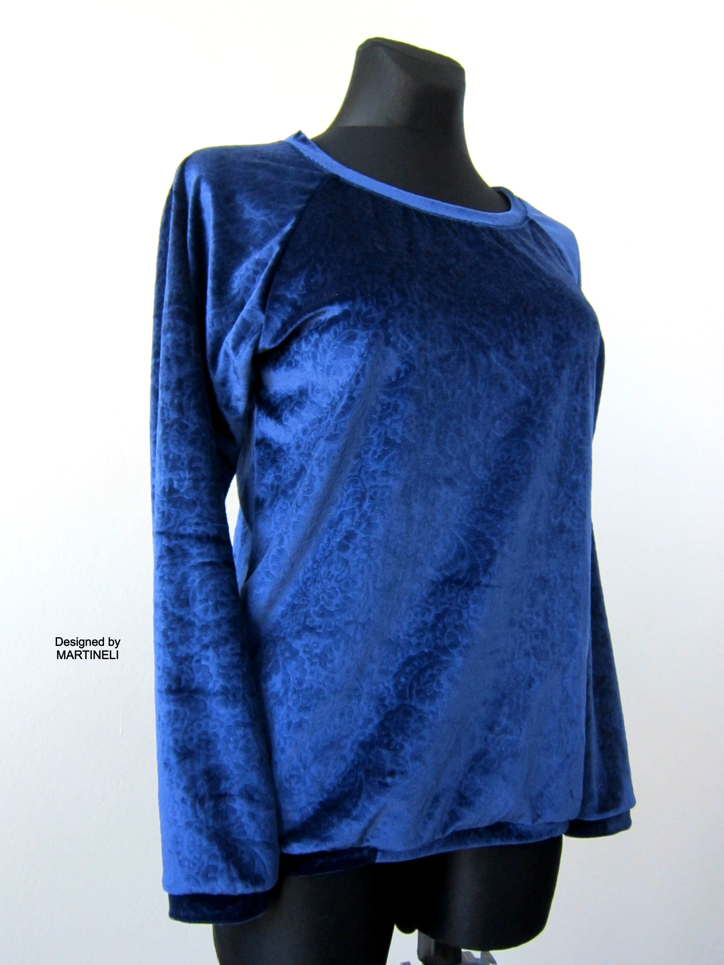 Long Sleeves Blue Velvet Top,M Boho Chic T Shirt