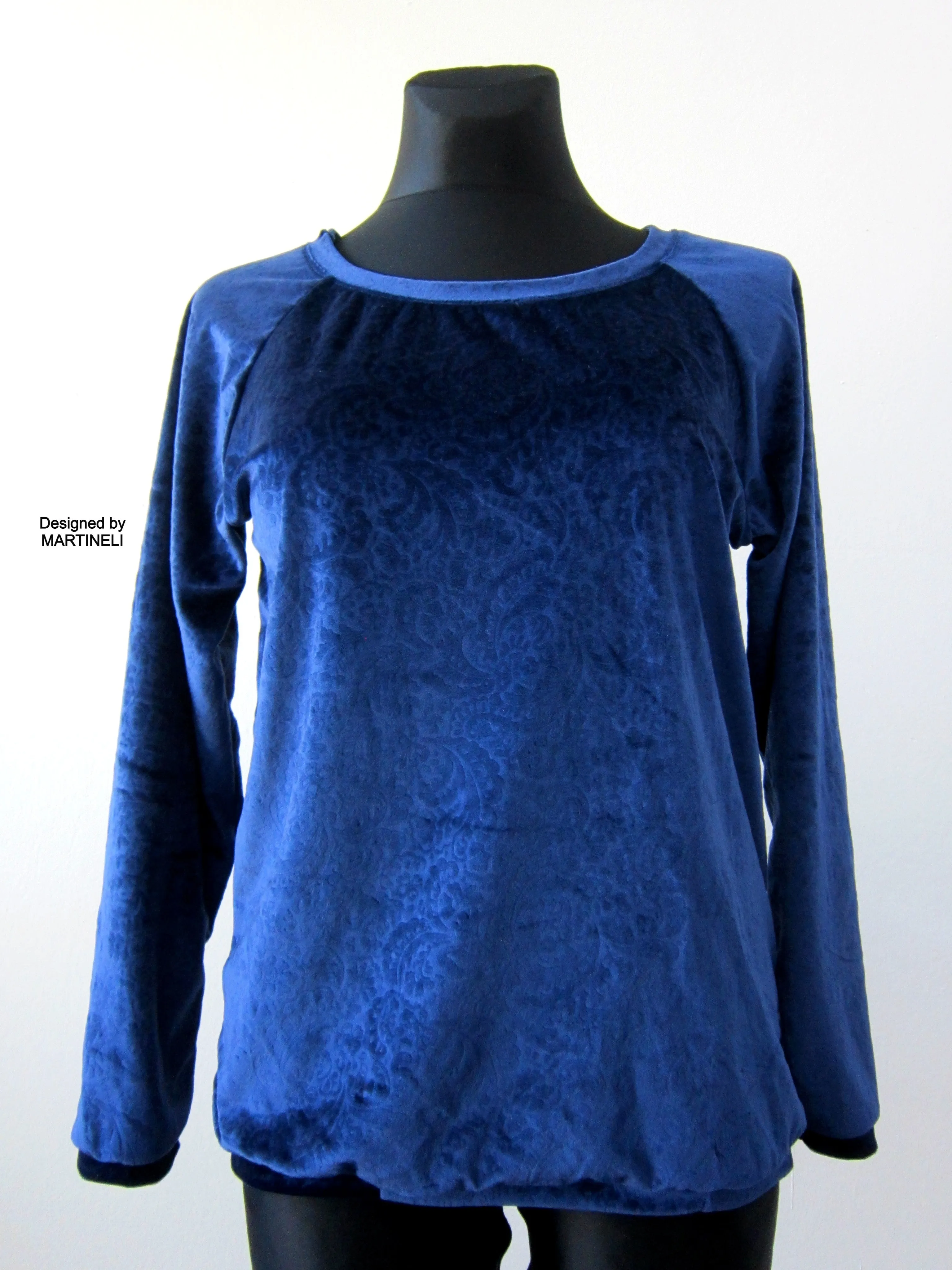 Long Sleeves Blue Velvet Top,M Boho Chic T Shirt