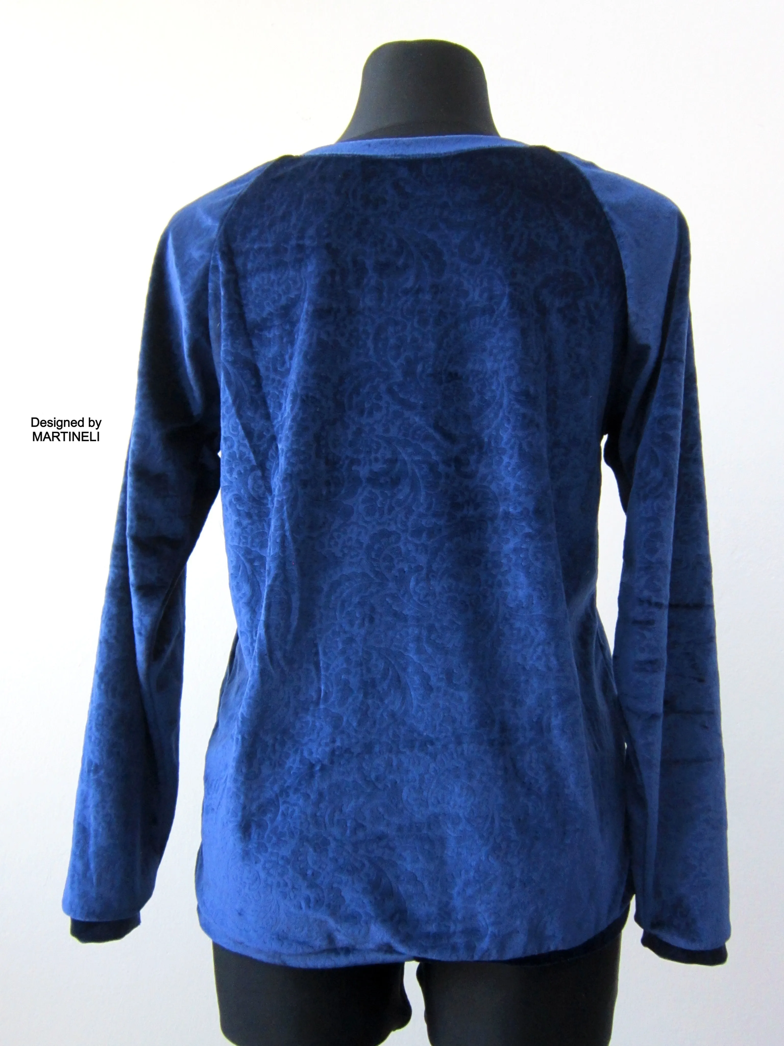 Long Sleeves Blue Velvet Top,M Boho Chic T Shirt