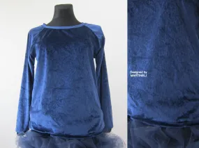Long Sleeves Blue Velvet Top,M Boho Chic T Shirt
