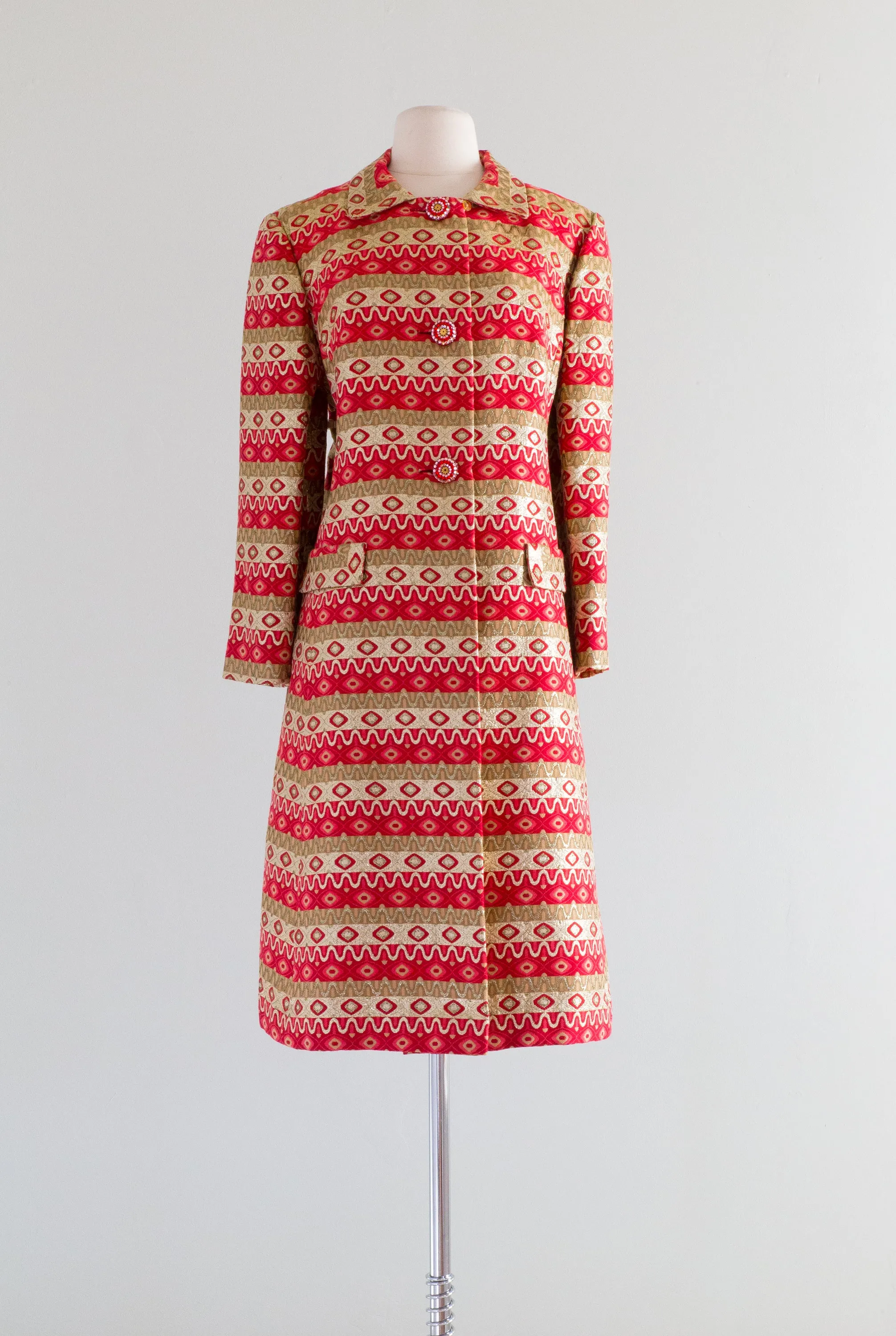 Magnificent 1960's Klimt Coat in Red, Pink & Metallic Gold / Large