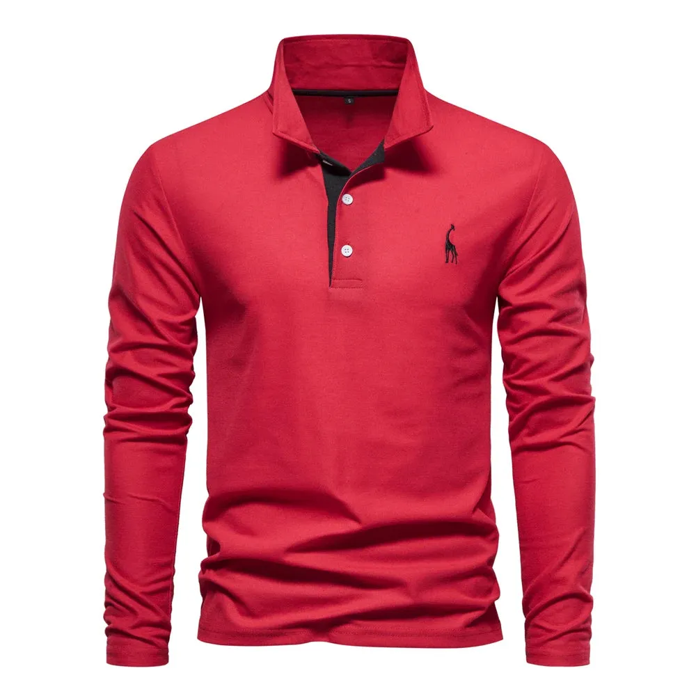 Men's Giraffe Embroidery Polo Shirts Solid Colour Long Sleeve T-Shirt