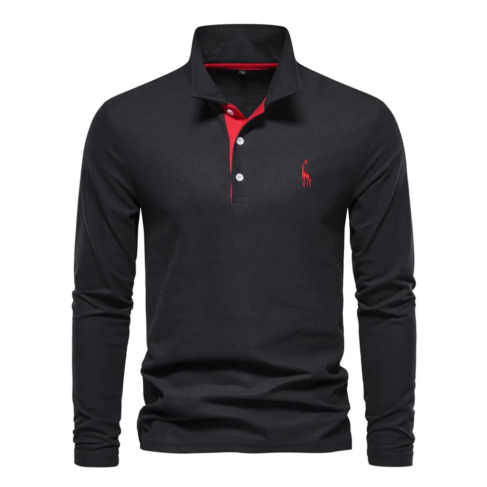 Men's Giraffe Embroidery Polo Shirts Solid Colour Long Sleeve T-Shirt