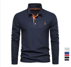 Men's Giraffe Embroidery Polo Shirts Solid Colour Long Sleeve T-Shirt