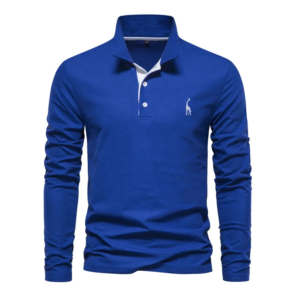 Men's Giraffe Embroidery Polo Shirts Solid Colour Long Sleeve T-Shirt