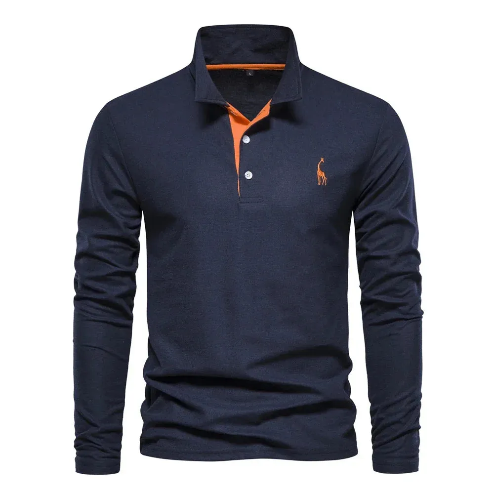 Men's Giraffe Embroidery Polo Shirts Solid Colour Long Sleeve T-Shirt