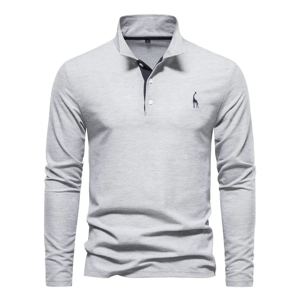 Men's Giraffe Embroidery Polo Shirts Solid Colour Long Sleeve T-Shirt