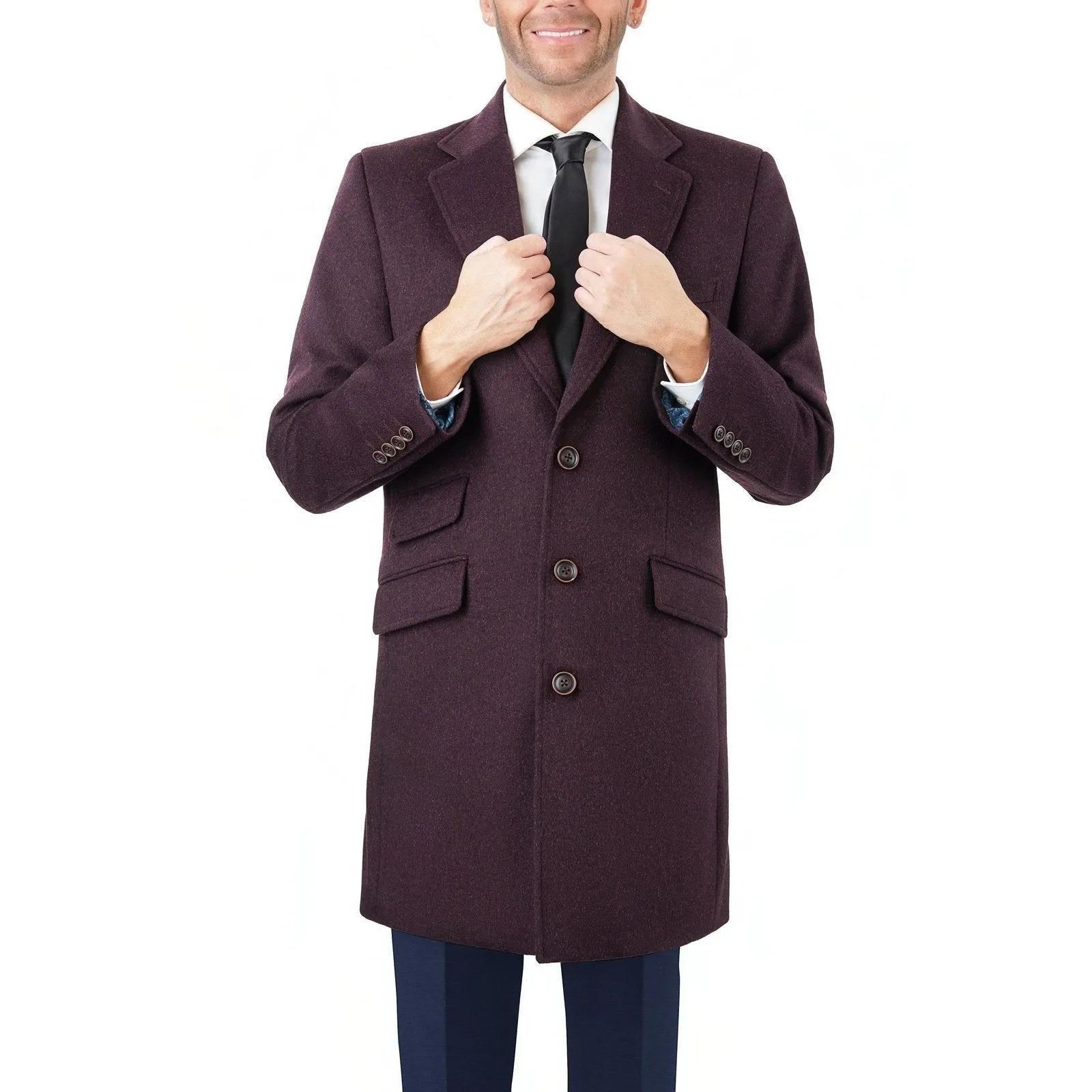 Men's Wool Cashmere Single Breasted Burgundy 3/4 Length Car Coat Top Coat