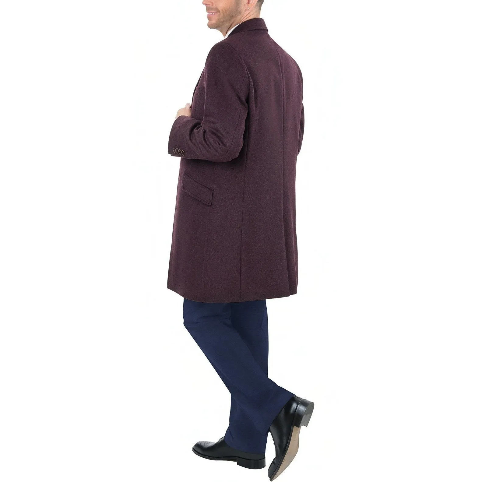 Men's Wool Cashmere Single Breasted Burgundy 3/4 Length Car Coat Top Coat