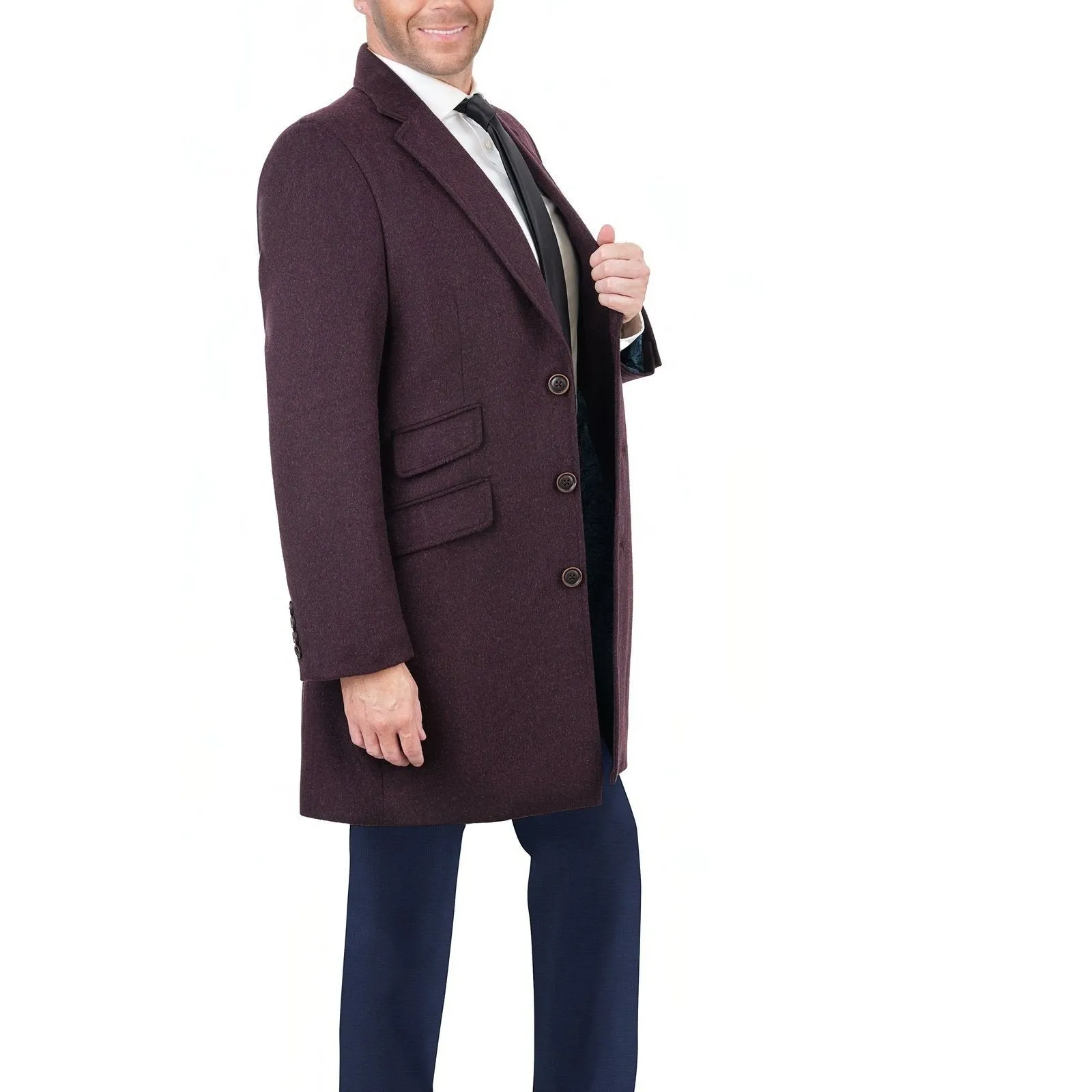 Men's Wool Cashmere Single Breasted Burgundy 3/4 Length Car Coat Top Coat