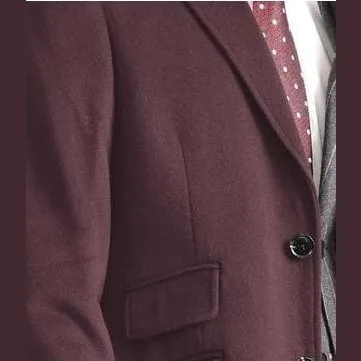 Men's Wool Cashmere Single Breasted Burgundy 3/4 Length Car Coat Top Coat