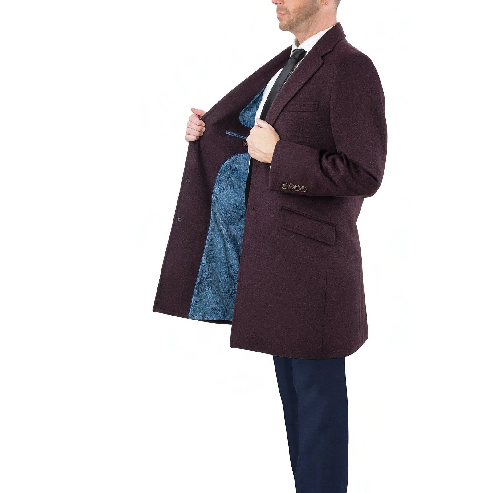 Men's Wool Cashmere Single Breasted Burgundy 3/4 Length Car Coat Top Coat